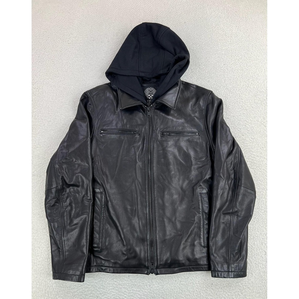 Vince Camuto Jacket Mens Large Black Leather Hooded Moto Removable Liner